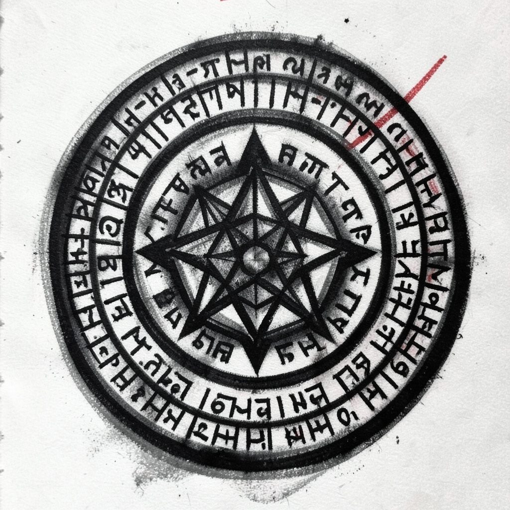 A bold charcoal drawing of a Sak Yant back-piece tattoo featuring a central geometric yantra surrounded by concentric rings of sacred Khmer script, with deep black shading and soft grey tonal variations.